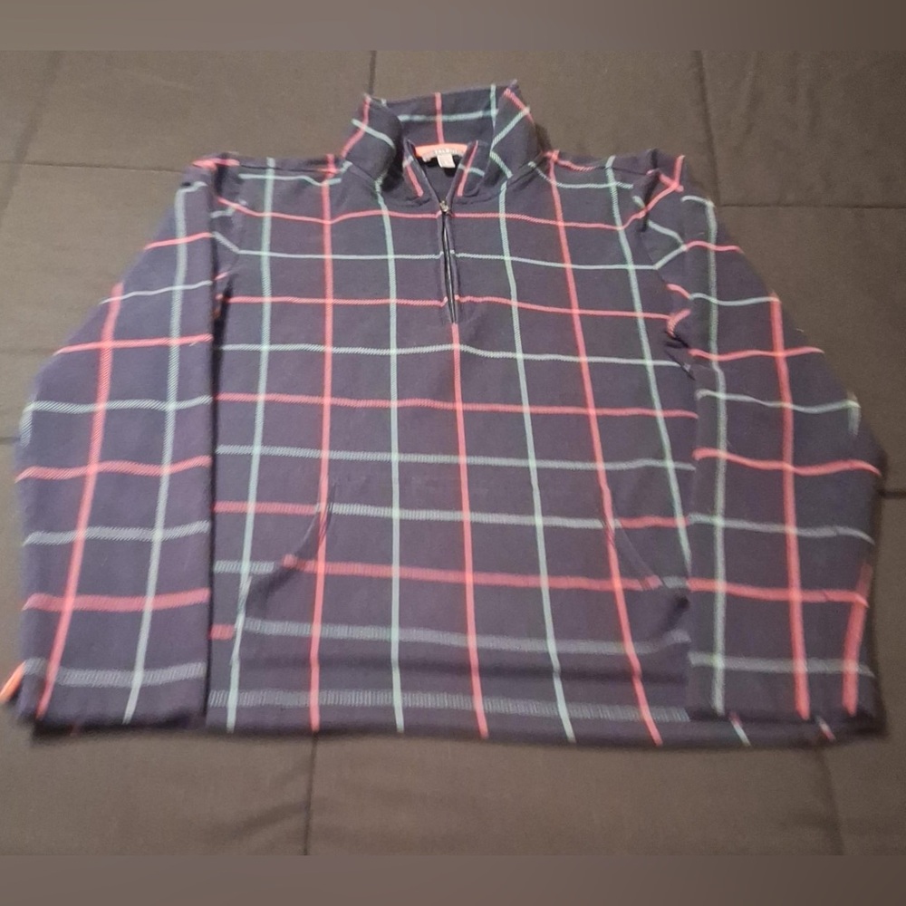 Talbots Navy Women’s Quarter Zip Plaid Pullover Pink Green Cozy Size Large